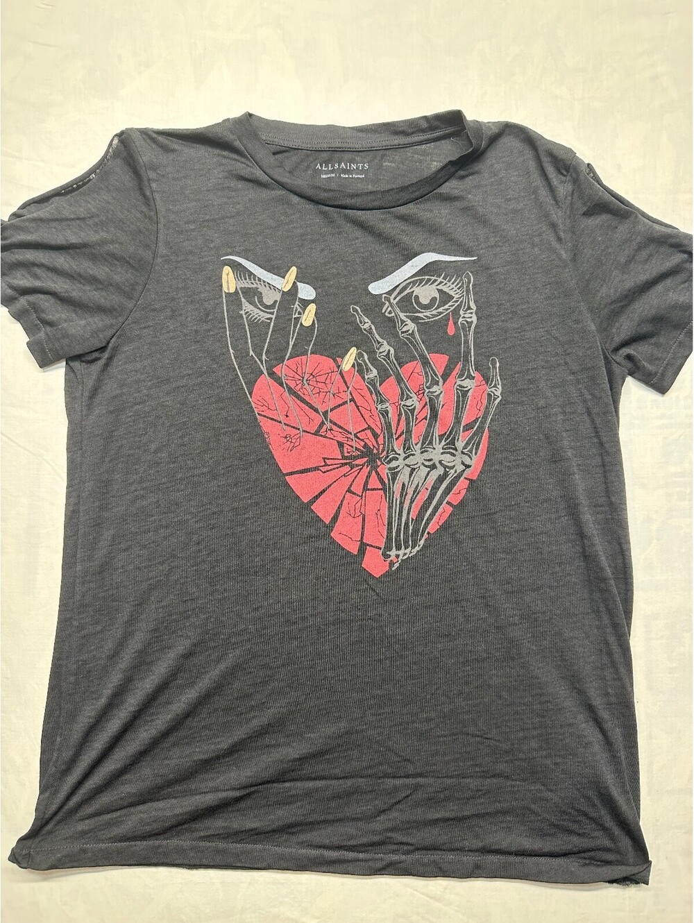 AllSaints Women’s Black Graphic Heart Skeleton Logo T-Shirt Sz M Slit Sleeve